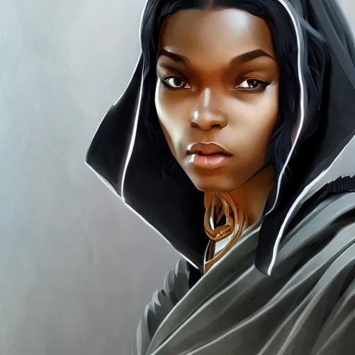 Image similar to black germanic, irish female, jedi master, wearing the traditional jedi robe, beautiful and uniquely odd looking, detailed symmetrical close up portrait, intricate complexity, in the style of artgerm and ilya kuvshinov, magic the gathering, star wars art