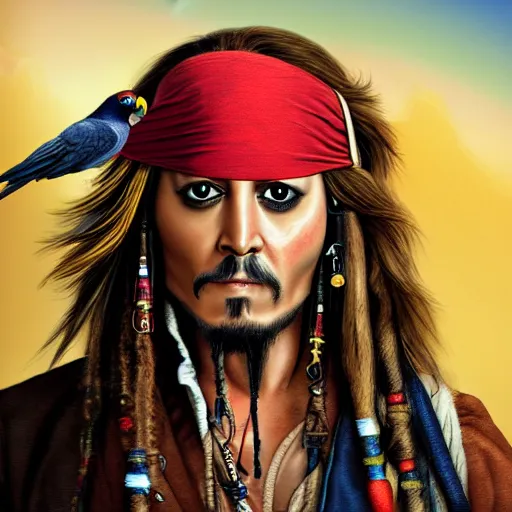 Image similar to jack sparrow with a parrot on the shoulder, portrait, 8k resolution, hyper detailed, realistic eyes