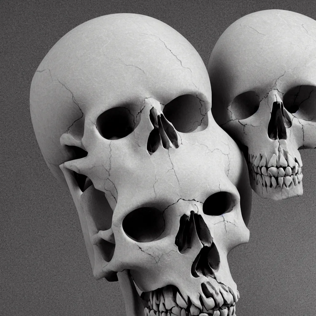 Image similar to octane render of a skull made out of marble, breaking into many pieces