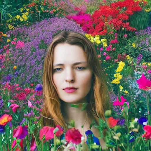 Prompt: a woman standing in a garden of flowers, a jigsaw puzzle, photograph by christen dalsgaard, featured on behance, maximalism, rich color palette, maximalist, vivid color
