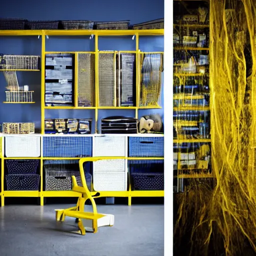 Image similar to ikea Backrooms, sinister, professional photography, weird, spooky, unearthly, dream-like, intricate, decomposition, urgh, strange, blue and yellow