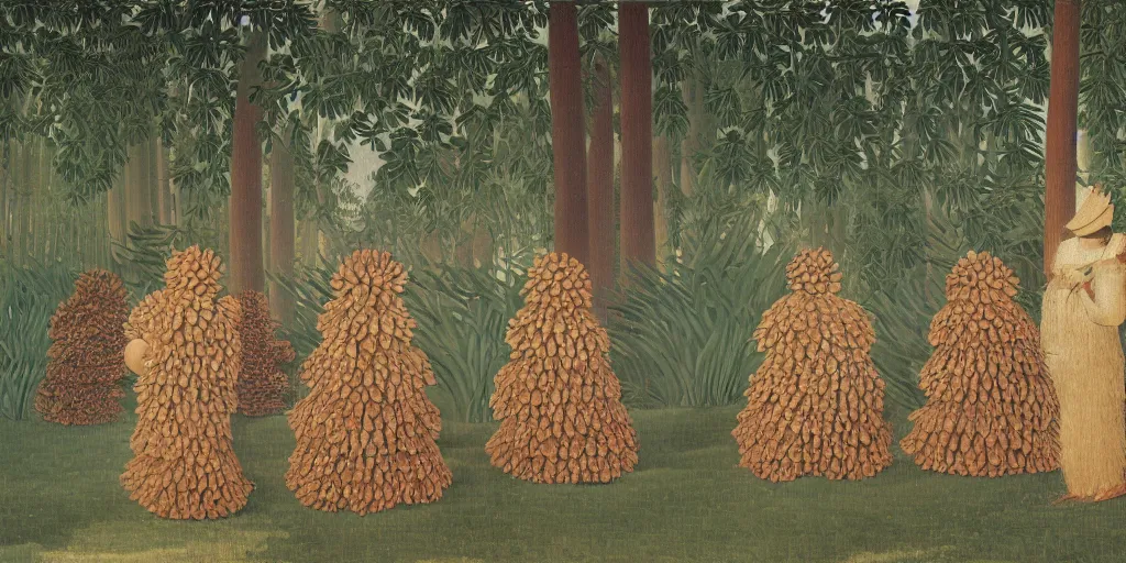 Image similar to a beautiful illustration of a costume made of pinecones, by henri Rousseau, 8k, 4k