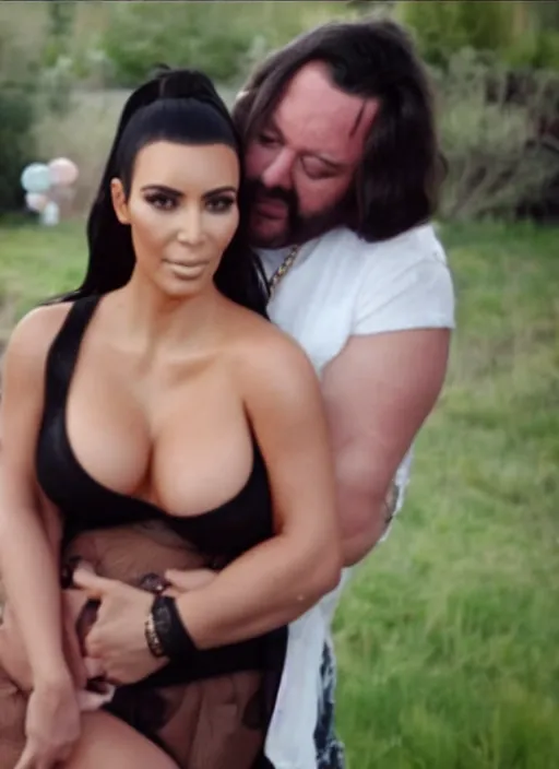 Prompt: film still of kim kardashian being hugged by bubbles from trailer park boys,