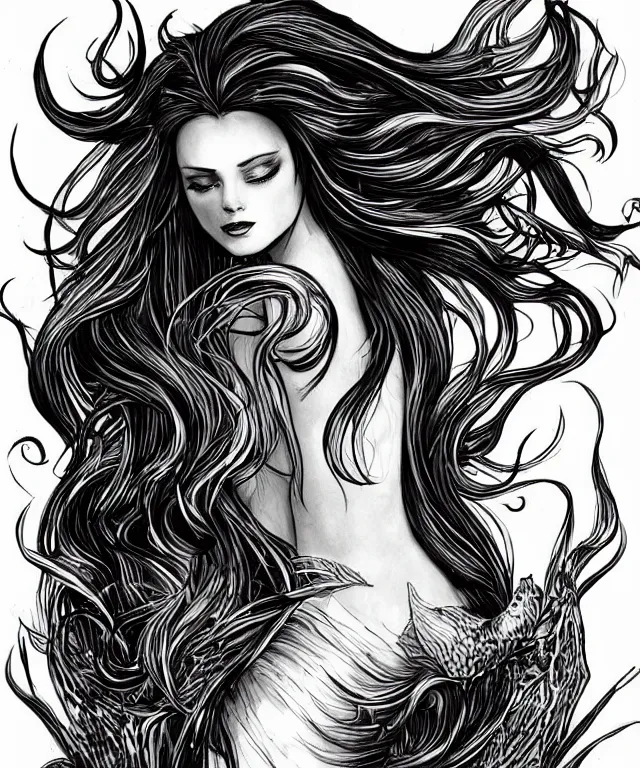 Prompt: black and white illustration, creative design, dark fantasy, beautiful mermaid with flowing hair