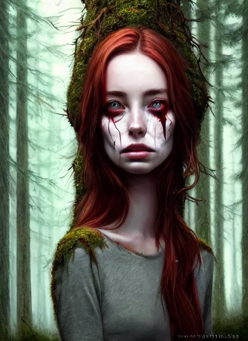 Image similar to surrounded by trees, realistic character concept, gorgeous Kacey Rohl, red hair, small freckles, Wendigo creature antlers deer skull face, symmetrical face, symmetrical eyes, full body, covered in blood, dark forest, trees, shorter neck, cinematic lighting, Joshua Middleton and artgerm, fear anxiety terror