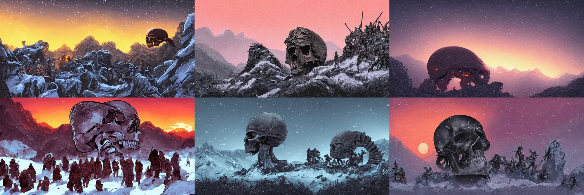 Prompt: Giant skull in the mountains, warriors gathered around it, snowstorm, sunset, in the style ghostshrimp and laurie greasley