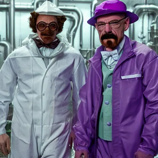 Prompt: Willy Wonka and Walter White in hazmat suits in the chocolate factory, photorealism, 8k