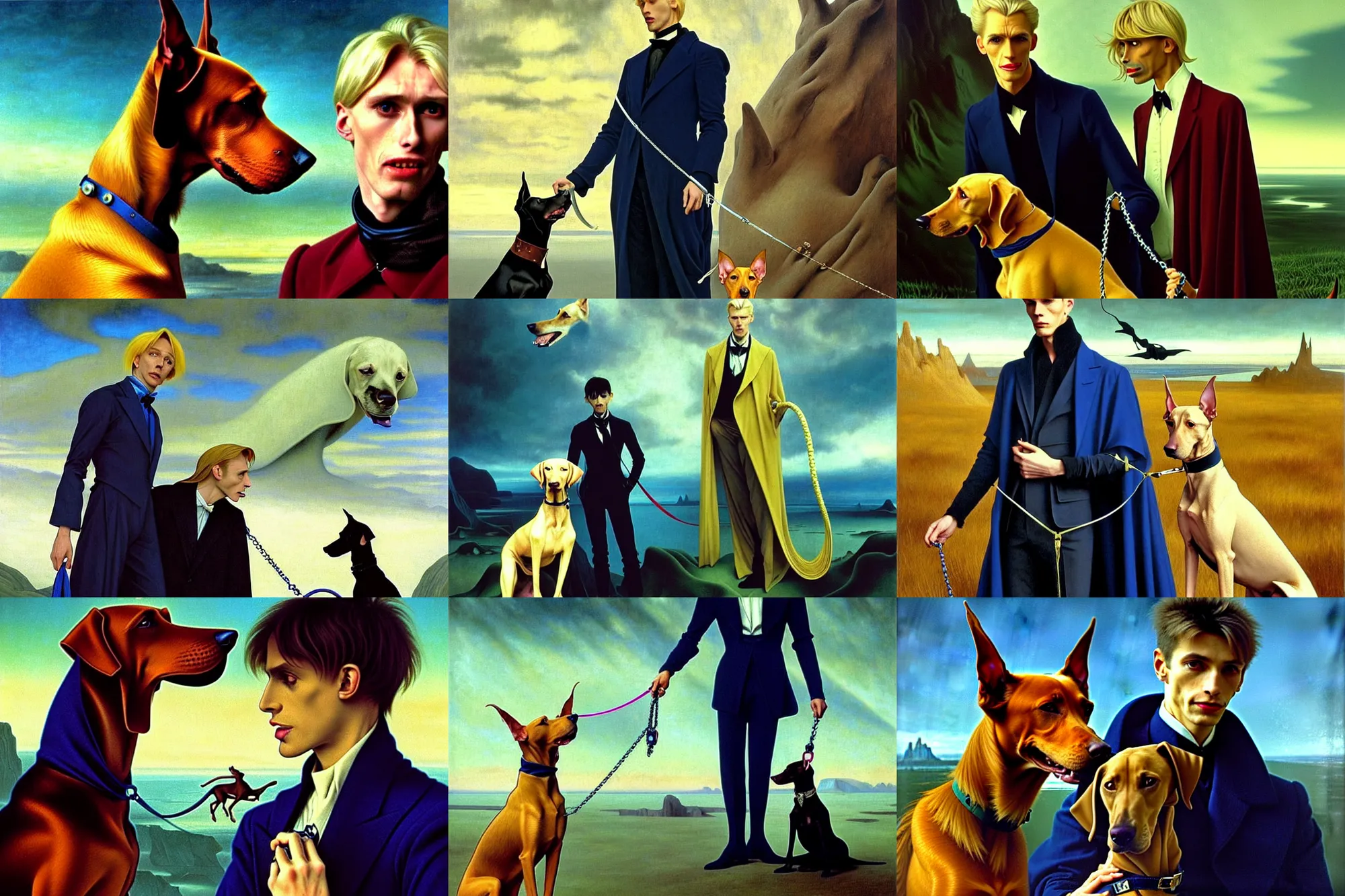 Prompt: realistic detailed portrait movie shot of an elegant blond male vampire with a doberman on a leash, sci fi landscape background by denis villeneuve, amano, yves tanguy, alphonse mucha, max ernst, caravaggio, roger dean, masterpiece, rich moody colours, dog teeth, blue eyes