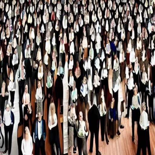 Image similar to a huge room full of people, many tall standing mirrors reflecting the people in room