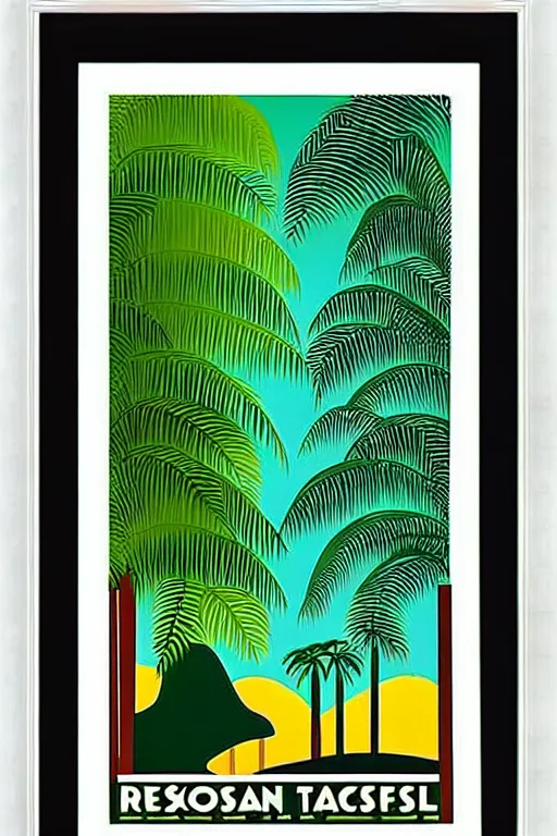 Prompt: art deco travel poster. rainforest, framed poster, hires