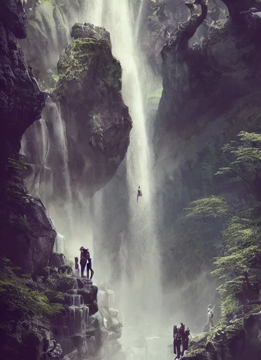 Prompt: A waterfall made of humans by Greg Rutkowski, Sung Choi, Mitchell Mohrhauser, Maciej Kuciara, Johnson Ting, Maxim Verehin, Peter Konig, final fantasy, 8k photorealistic, cinematic lighting, HD, high details, dramatic, atmospheric , trending on artstation