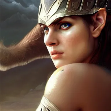 Prompt: Portrait elven viking girl warrior lady viking valkyrie, alexandra daddario, 4k oil on linen by wlop, artgerm, andrei riabovitchev, nuri iyem, james gurney, james jean, greg rutkowski, highly detailed, soft lighting 8k resolution