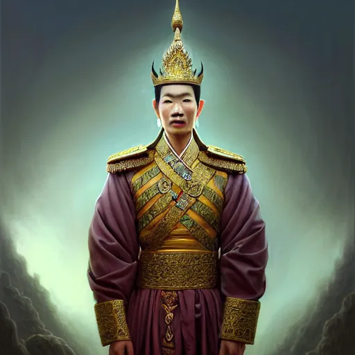 Image similar to dark tall and handsome korean male dressed as king ramkhamhaeng of sukhothai, intricate, highly detailed, centered, digital painting, artstation, concept art, smooth, sharp focus, illustration, artgerm, tomasz alen kopera, peter mohrbacher, donato giancola, joseph christian leyendecker, wlop, boris vallejo