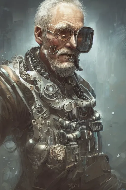 Image similar to Ultrarealistic illustration old man cyborg, cyberpunk, sci-fi fantasy,intricate,elegant,highly detailed, digital painting, artstation, concept art