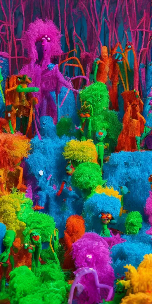 Image similar to group of giant rainbow-colored people dancing in a forest made out of fluffy pipecleaners in the style of Jean-Michel Basquiat, 3D cinematic lighting, spotlight at a 90 DEGREE ANGLE, photorealism, octane render, depth of field, 8k, 35mm, artgem, Trending on artstation