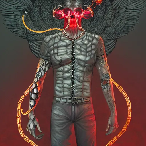 Image similar to lucifer, dark angel, hybrid human with snake, red eyes, chain, handcuffs, large chain, wide open mouth, scream, cruelty, sea bottom, light effect, highly detailed, artstation, concept art, matte, sharp focus, illustration, by dan mumford, yusuke murata, makoto shinkai, ross tran