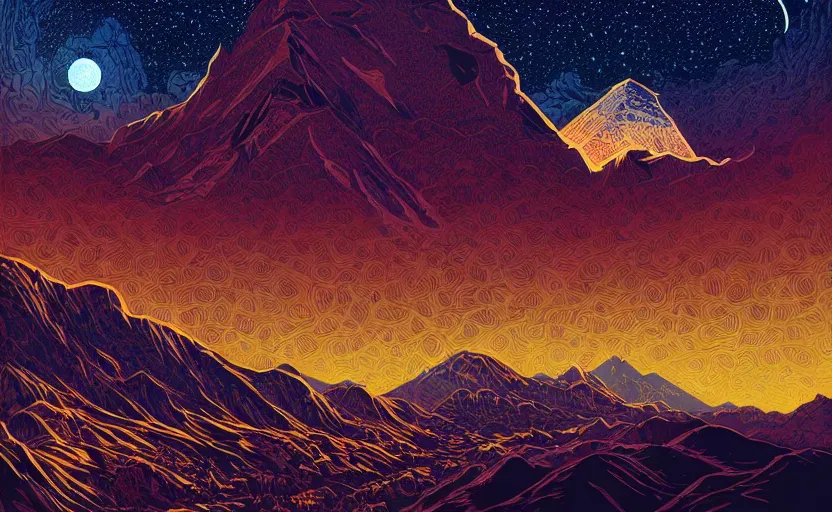 Prompt: mountains, stars and paisley filled sky, artstation, intricate, highly detailed, digital painting, concept art, sharp focus, illustration by Charles Williams and Kilian Eng