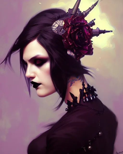 Prompt: portrait of a gorgeous punk goth girl, elegant, digital painting, highly detailed, artstation, concept art, smooth, sharp focus, illustration, art by artgerm and greg rutkowski and alphonse mucha