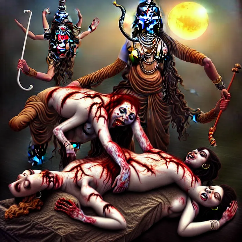 Image similar to kali with her tongue sticking out standing over the corpse of shiva, digital art, hyperrealistic nightmare scene, supernatural, highly detailed, creepy, terrifying