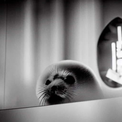 Image similar to a baby harp seal reading nuclear weapon plans in a well - appointed office, photo, gentle bokeh