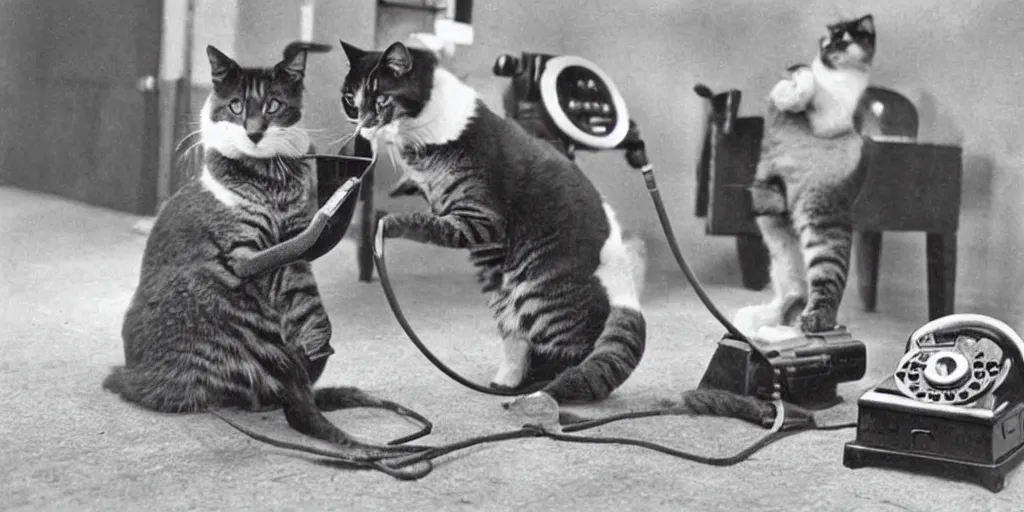 Image similar to stunning old black and white photo of very serious cats have absolutely no idea how to use old rotary telephones and decide to knock them over in frustration, very funny and ironic, humor, film grain 1903