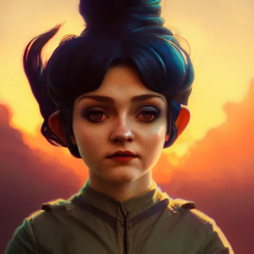 Image similar to a Photorealistic dramatic hyperrealistic gnome woman, pixie undercut black hair, naval background, by WLOP,Artgerm,Greg Rutkowski,Alphonse Mucha, Beautiful dynamic dramatic bright sunset lighting,shadows,cinematic atmosphere,Artstation,concept design art,Octane render,8k