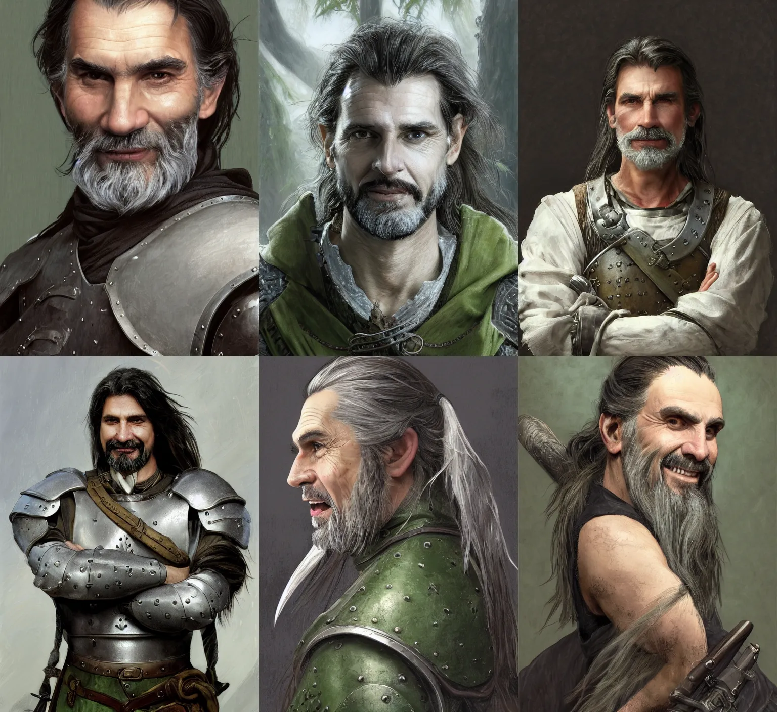 Prompt: medium-length portrait of a male hunter with long dark gray hair in a ponytail, a scraggly goatee, white skin, gray eyes, jovial expression, intricate gray-green leather armor, medieval setting, highly detailed, digital painting, artstation, concept art, sharp focus, illustration, art by greg rutkowski and alphonse mucha