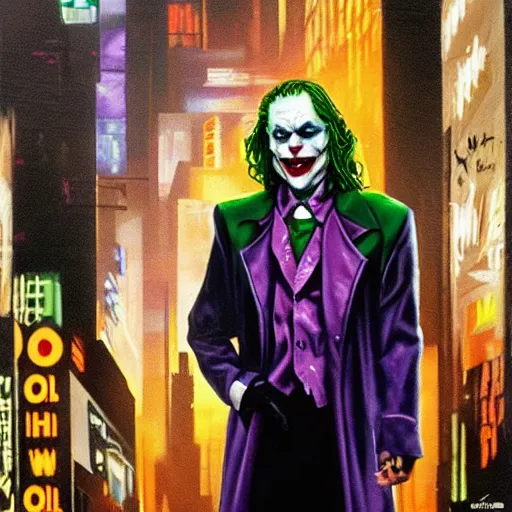 Prompt: oil painting of the joker in cyberpunk gotham city. the joker has a smirk on his face with a grenade in his hand