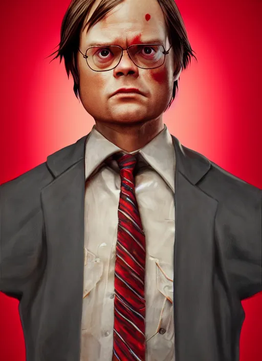 Prompt: ( ( ( portrait of rain wilson as dwight schrute ) ) ) by mike campau, head and torso, red background photorealistic, octane render, vibrant colors, unreal engine, dynamic lighting, perfect factions, very detailed faces, intricate detail, trending on artstation, poster, volumetric lighting, 4 k, award winning