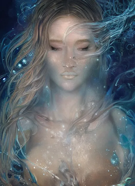 Image similar to an underwater photographic portrait of a woman created out of starlight and smoke, cinematic, volumetric lighting, beautiful fantasy, intricate, elegant, highly detailed, digital painting, artstation, concept art, smooth, sharp focus, illustration, art by ayami kojima, artgerm and h r giger and alphonse mucha