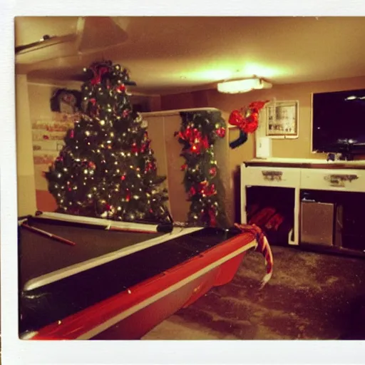 Image similar to polaroid photograph of christmas themed basement