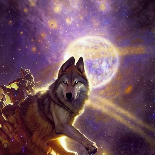 Image similar to portrait of a wolf in uniform starship stars. shadowrun furaffiniy cyberpunk fantasy highly detailed painting by gaston bussiere craig mullins jc leyendecker gustav klimt artgerm greg rutkowski john berkey, bergey, craig mullins, ruan jia, raymond swanland, jeremy mann, tom lovell, alex malveda