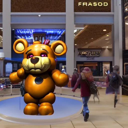 Prompt: Freddy Fazbear in a mall holding multiple bags, photorealistic, low-angle, 3D, 8K, as coherent as Dall-E 2