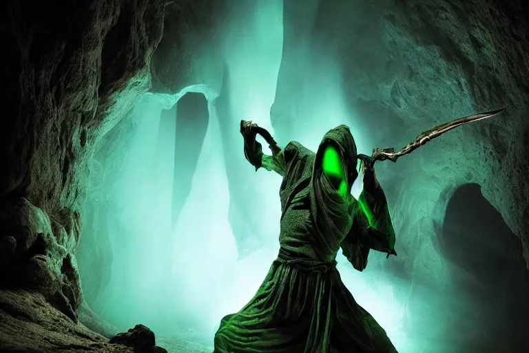 Image similar to vfx film, soul reaver, raziel irl, price of persia movie, missing jaw, hero pose, devouring magic souls, scarf, hood, glowing green soul blade, in epic ancient sacred huge cave temple, flat color profile low - key lighting award winning photography arri alexa cinematography, hyper real photorealistic cinematic beautiful, atmospheric cool colorgrade