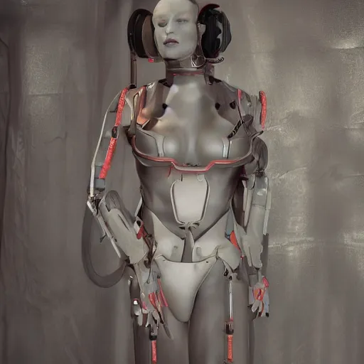Prompt: photographic stil of beautiful model, a human robot woman, beautiful artificial body with artificial bones and artificial flesh, cables, tubes, westworld style, medium - shot, insanely detailed, photorealistic, beautiful soft light, octane render, by annie leibowtiz