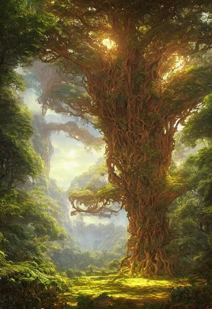 Image similar to beautiful hyper realistic detailed matte painting of fantasy tree of life in garden of eden, hd, hdr, by Moebius and John Howe and Albert Bierstadt and Alena Aenami, ultra detailed, high resolution