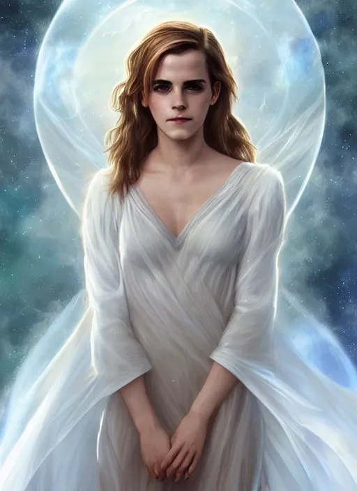 Image similar to emma watson as magic healer celestial, long hair, white and transparent cloth, space, D&D, shiny background, intricate, elegant, highly detailed, digital painting, artstation, concept art, smooth, sharp focus, illustration, artgerm, bouguereau