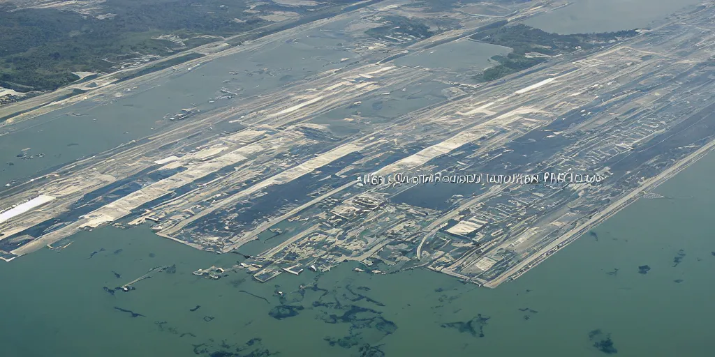 Prompt: aerial view of airport underwater. submerged airport. in the style of Caspar David Friedric. Aerial view