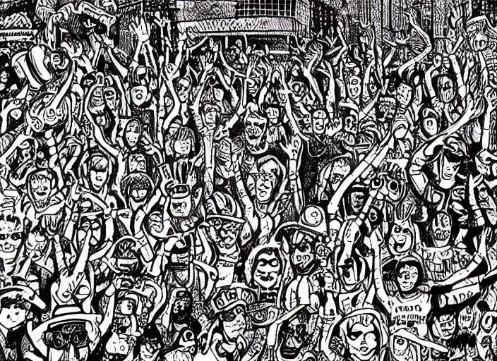 Image similar to where's Waldo intricate rave party drawing by martin handford (1978), find the hidden objects picture