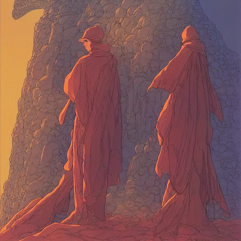 Prompt: centered illustration by jean giraud and moebius of a man wearing a cloak in the abyss, ambient with birds, desert, intrincate, detailed, awesome enviromet, fantasy