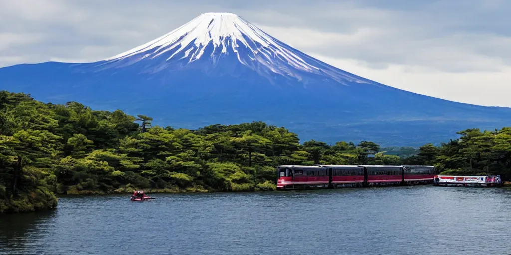 Image similar to five lakes under mt. fuji, a train weaving through the mountains and ravines, a speedboat racing across the lake in the distance