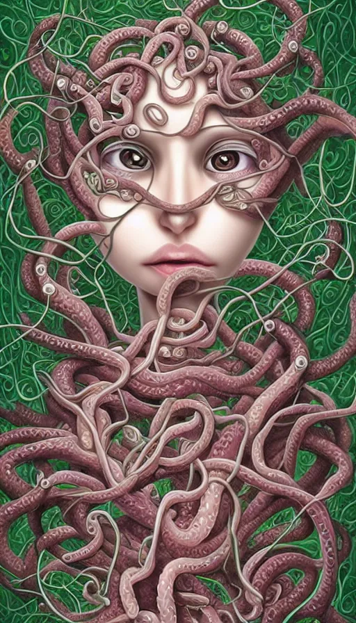 Image similar to very detailed portrait of a 2 0 years old girl surrounded by tentacles, the youg woman visage is blooming from fractal and vines, by naoto hattori