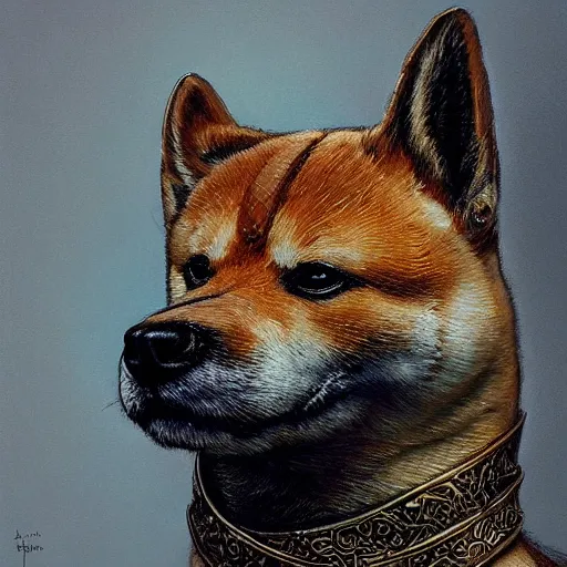 Image similar to detailed photorealistic painting of a shiba inu, wearing a highly detailed ornamented bronze „viking helmet with two horns“, sharp focus in the style of ruan jia, Mandy jurgens, cinematic light, concept art, trending on artstation, ultra realistic