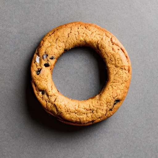 Image similar to Perfectly circular donut!!!!! in the style of a chocolate chip cookie!!!!!!, trending on artstation, 4k, 8k, professional photography, overhead shot, 35mm lens