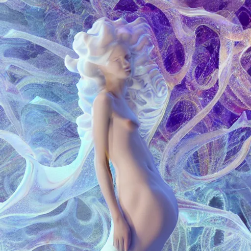 Image similar to 3 d pyro liquid simulation render, octane render, xparticles, white colors, female bodies, female body covered in white blanket, white carved abstract sculpture, amethyst mineral quartz, swirly curls, abstract white fluid, golden edges and fractals, cold colors, artstation, render, cinema 4 d, art noveau fresco