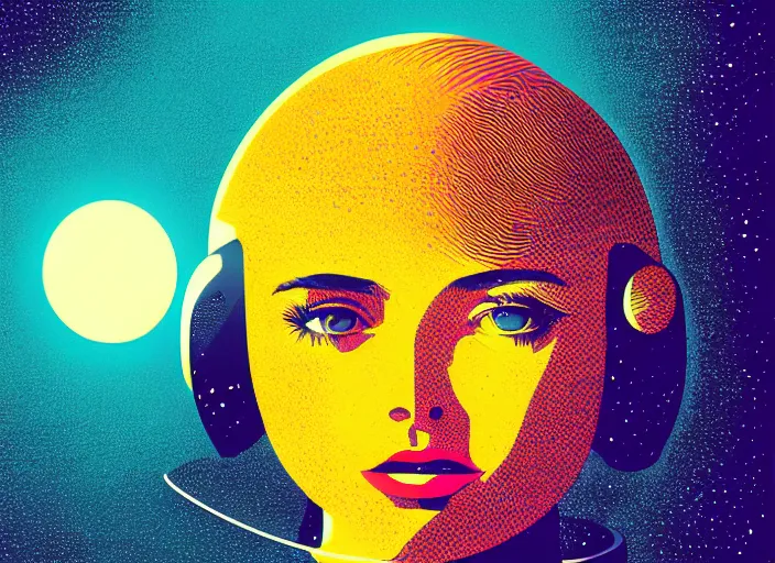 Image similar to portrait of a young astronaut girl, colorful,modern art deco, Mads Berg, Karolis Strautniekas, stippled light, fine texture, editorial illustration, dramatic lighting, dynamic composition, detailed, matte print, dynamic perspective