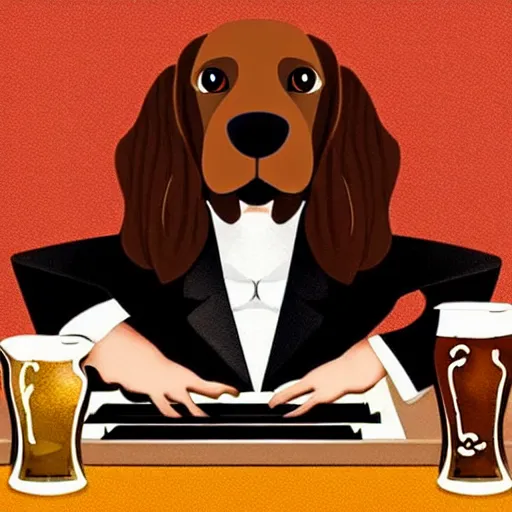 Image similar to a brown spaniel with a white chest playing a piano, Martini on the side. Artwork adult swim style, beer logo, no text