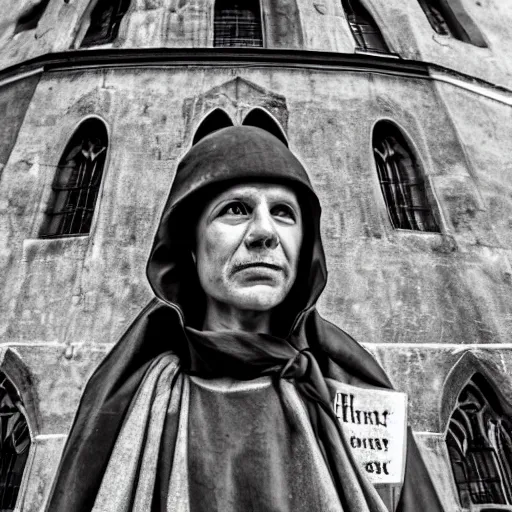 Prompt: medieval protester face photo black and white wide angle lense