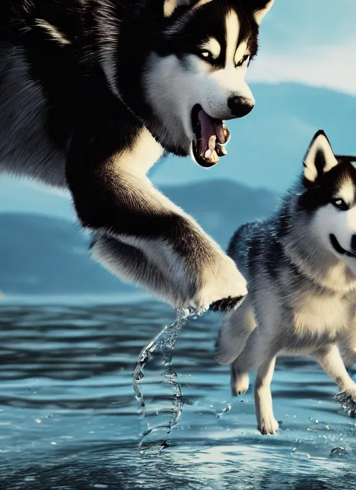 Image similar to Husky walking over water, realistic details, cinematic lighting, 8K HD