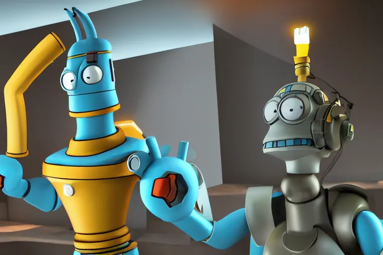 Image similar to bender from futurama, 3 d rendered, 3 d rendering, dramatic lighting, unreal engine